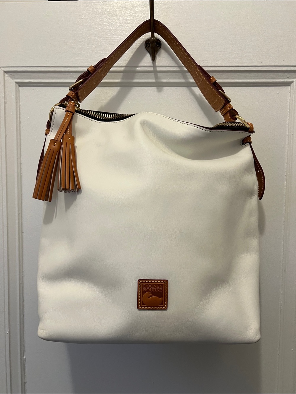 Dooney & Bourke White Leather Shoulder Bag with Tan Trim